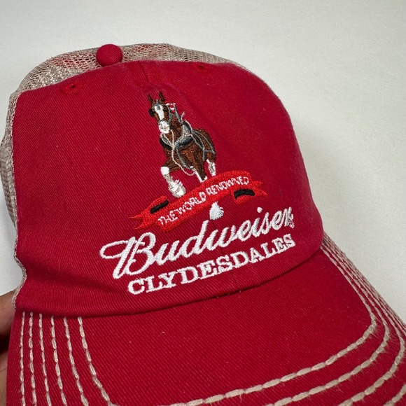 Vintage Budweiser Clydesdales Hat Mesh Trucker Cap Adjustable Red Distressed - Picture 2 of 9